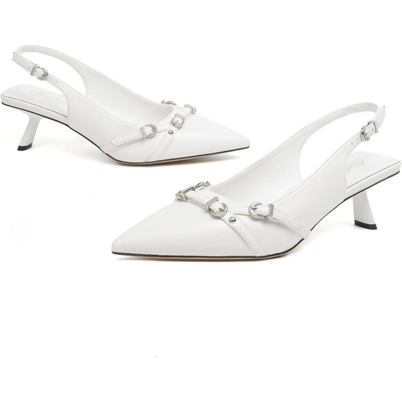 Mostrin Kitten Heel White Pu(03) Faux Leather Low Slingback Heels with Buckle - Picture 9 of 9